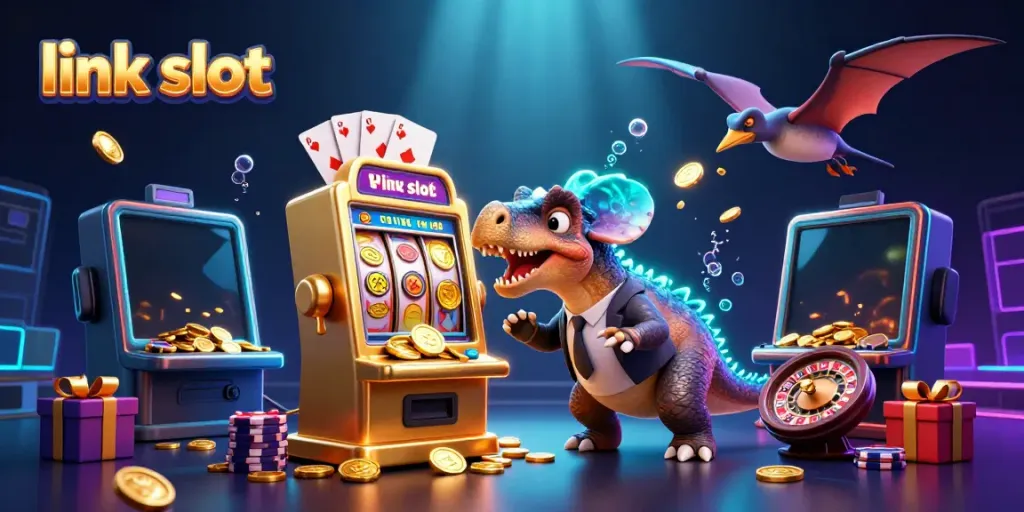 Permainan slot link slot dengan dinosaurus menabrak mesin slot, mengumpulkan koin emas, dalam suasana ceria.