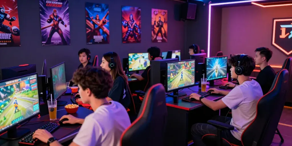 Diverse group enjoying HITCLUB gaming session in vibrant lounge.