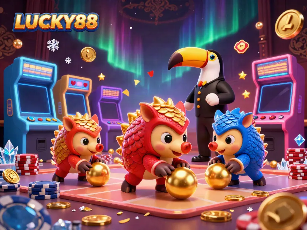 LUCKY88 pangolins bowling through poker chips in a vibrant casino scene filled with arcade games and gold