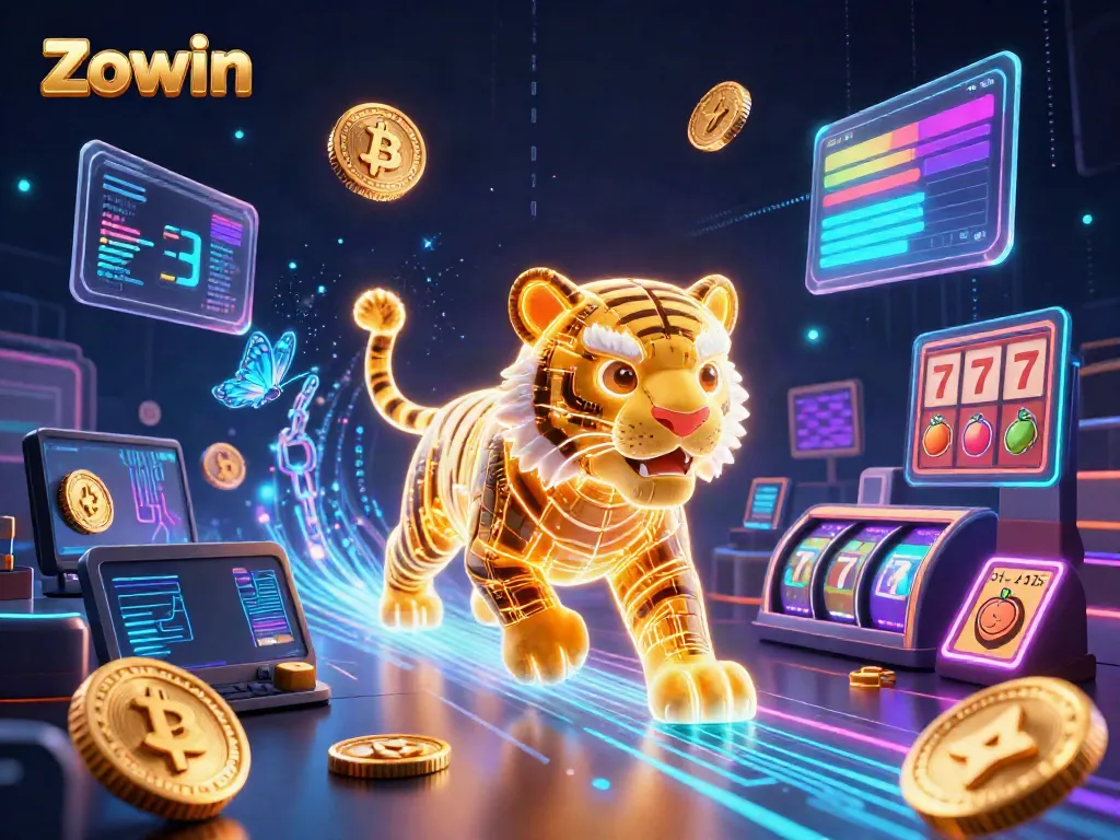 Engage with Zowin's vibrant digital casino experience, featuring a golden tiger and interactive game elements.