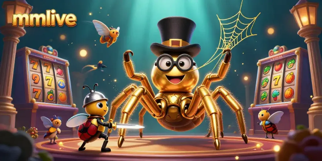 Mmlive features a golden tarantula weaving between casino symbols, showcasing vibrant gambling energy.