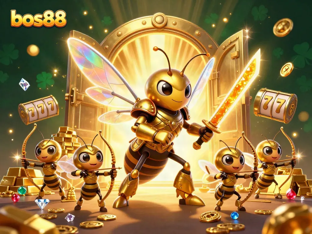 Engage in thrilling gameplay with bos88's vibrant 3D illustration showcasing jackpots and golden treasures.