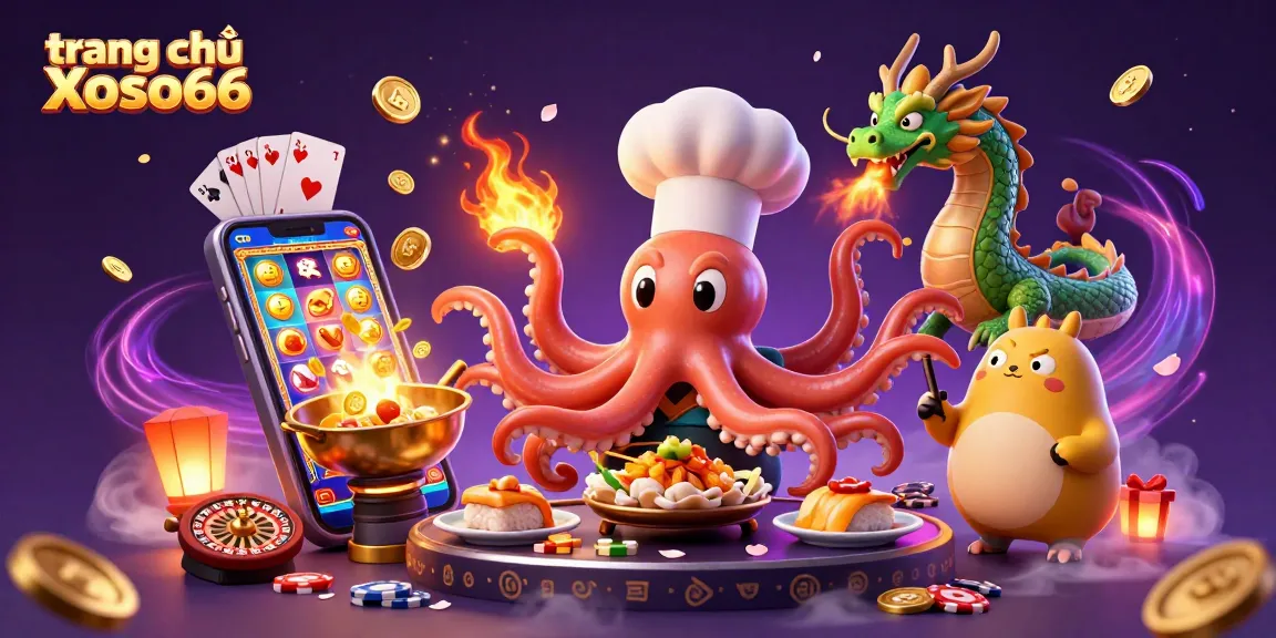 Experience dynamic fun at trang chủ Xoso66 with a colorful casino scene featuring a sushi chef octopus.