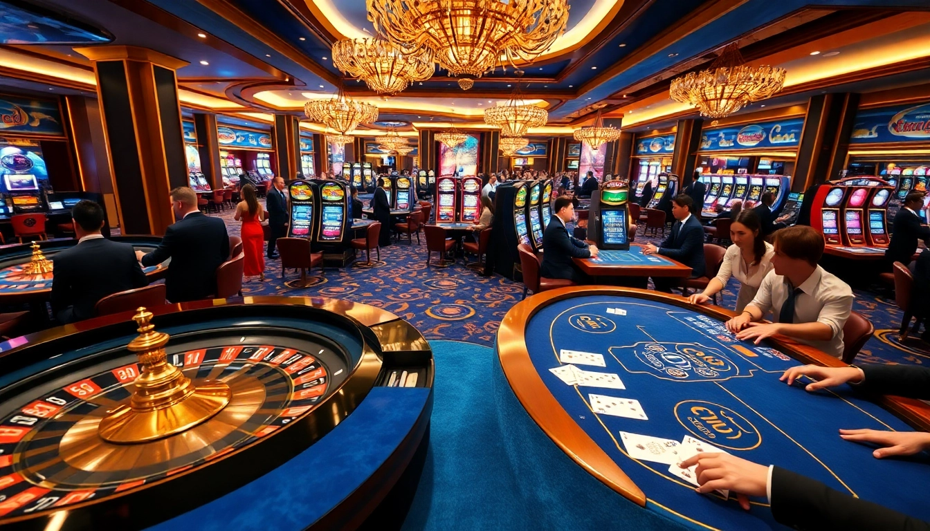 TG88 casino scene showcasing players at roulette, poker tables, and vibrant slot machines.