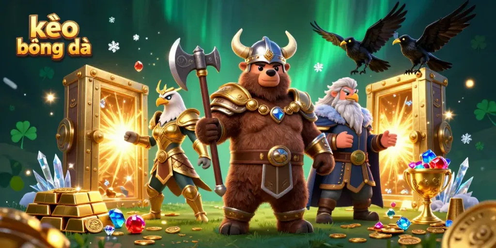 Engage with kèo bóng đá featuring a Viking bear, Valkyrie eagle, and treasure elements in a dynamic scene.
