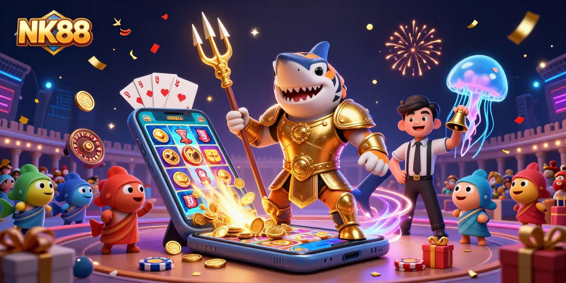 Experience the thrill at NK88 with a vibrant casino scene featuring a cartoon shark and gamers