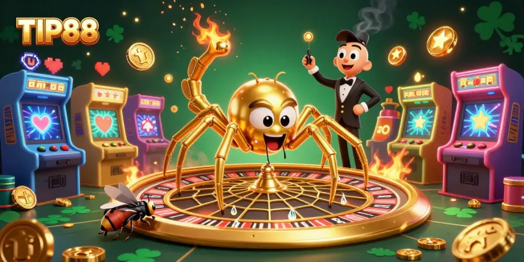 Experience the excitement of betting at TIP88 with a golden spider spinning a roulette web and a centipede croupier.