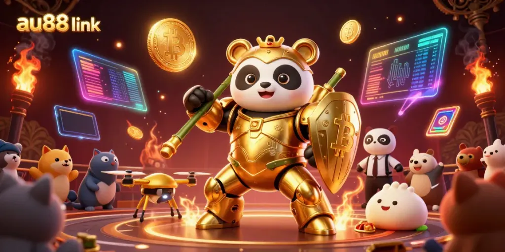 Engage with the vibrant action in the au88 link arena featuring a mech-suit panda and golden dragon.