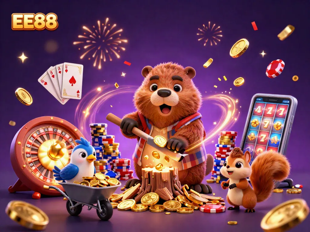 Engage with EE88 as the beaver celebrates a windfall of golden coins in this vibrant casino scene.