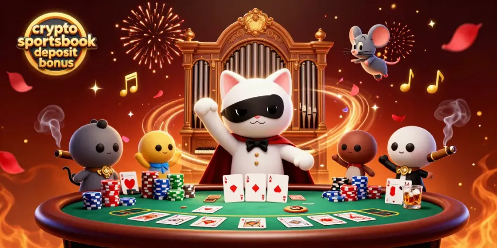 Experience the thrill of a crypto sportsbook deposit bonus with a lively 3D casino scene featuring playful characters and rich details.