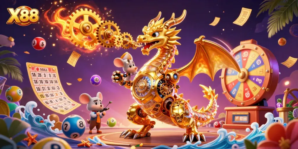 X88 engages players with thrilling illustrations of a golden dragon surrounded by dynamic lottery elements.