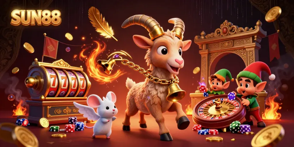 Experience the thrill at SUN88 casino with a lively scene of unique characters amidst vibrant game elements.