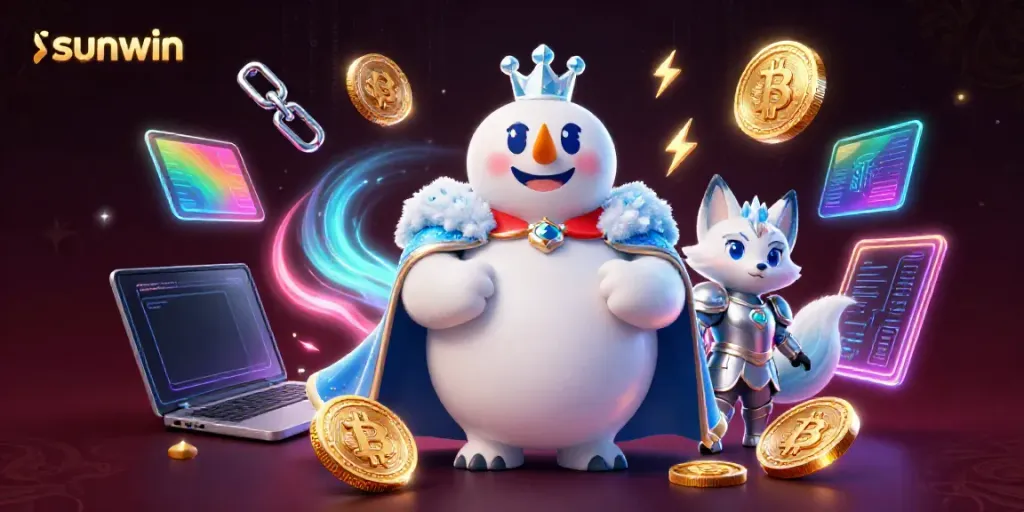 Experience the thrill of sunwin with an engaging illustration featuring a polar bear and fox in a crypto casino scene.