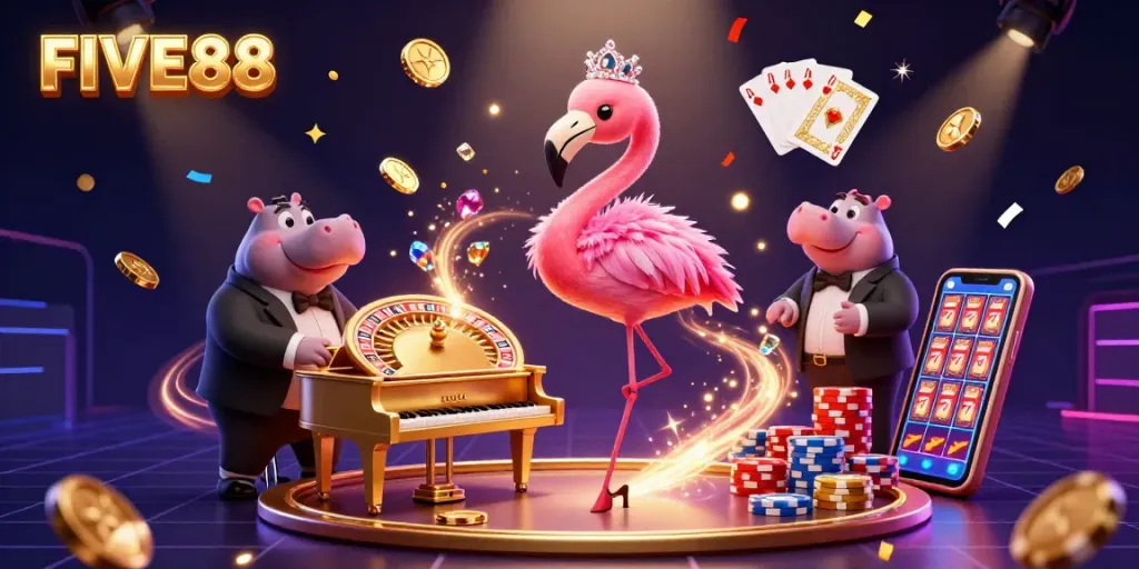 Experience the vibrant energy of FIVE88 with a casino scene featuring flamingo singers, golden coins, and sparkling jackpots.