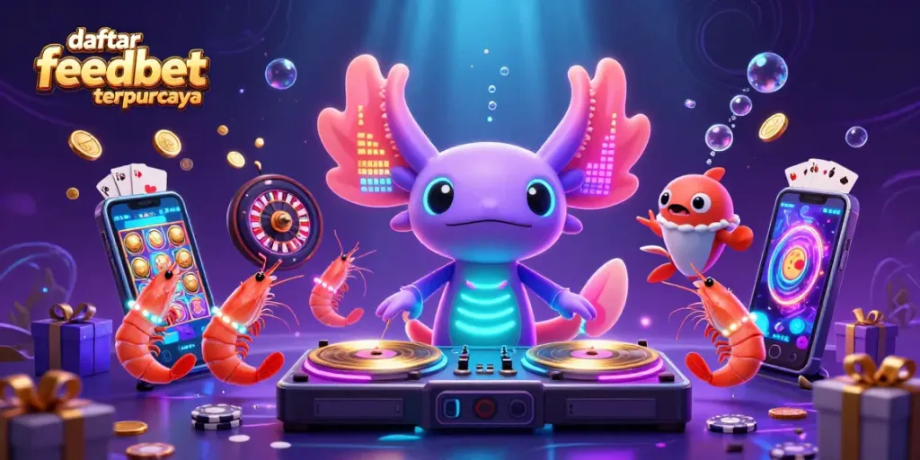 Play slots and win with daftar feedbet terpercaya, featuring vibrant 3D characters and casino elements.