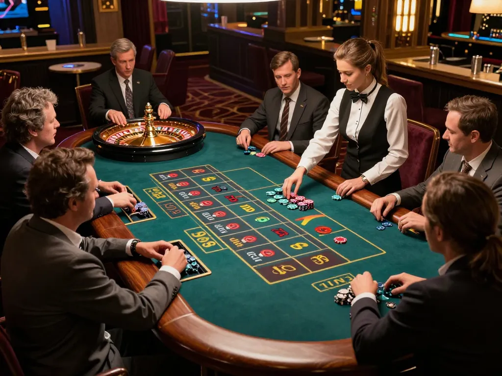 S666 players placing bets at a lively roulette table in an upscale casino atmosphere