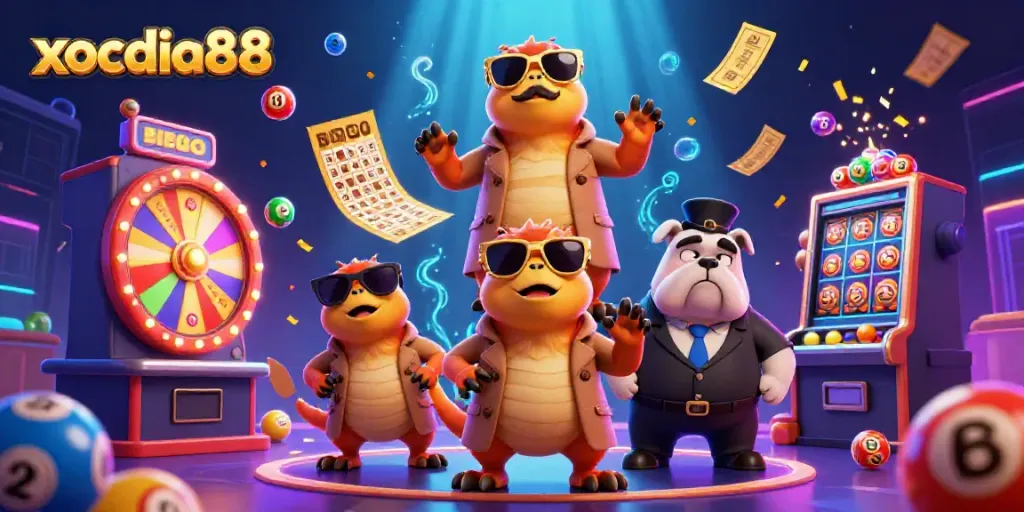 xocdia88 raptors in trench coat entering VIP casino, vibrant game elements surrounding them.