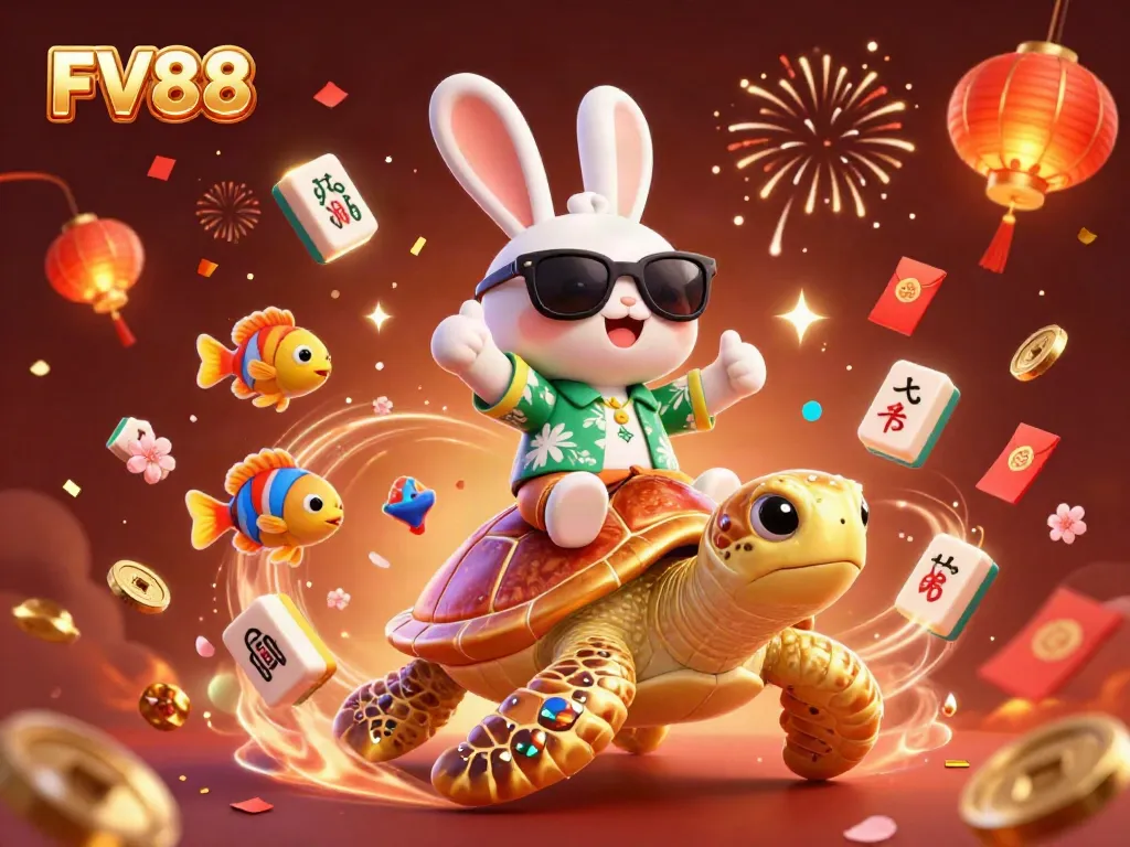 Join the excitement at FV88 with a vibrant casino scene featuring a lucky rabbit and sea turtle.