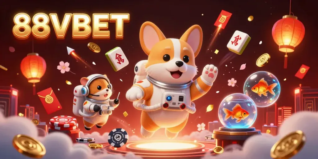Engage with 88VBET's exciting casino universe featuring floating coins and dynamic characters.