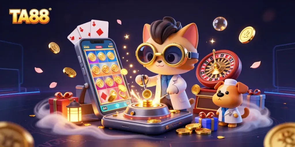 Feel the excitement at TA88 as golden coins overflow from a smartphone in this vibrant casino scene.