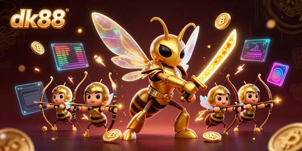 Experience thrilling gameplay with dk88 featuring a giant golden hornet samurai surrounded by crypto coins and gaming elements.