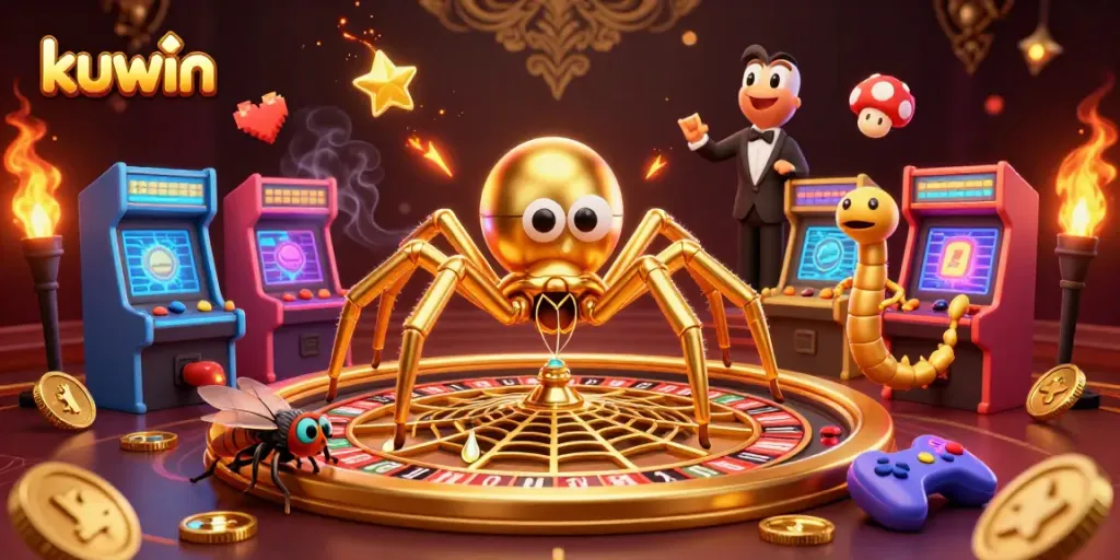 Kuwin spider spins a golden roulette web while a fly nervously bets alongside a centipede croupier.