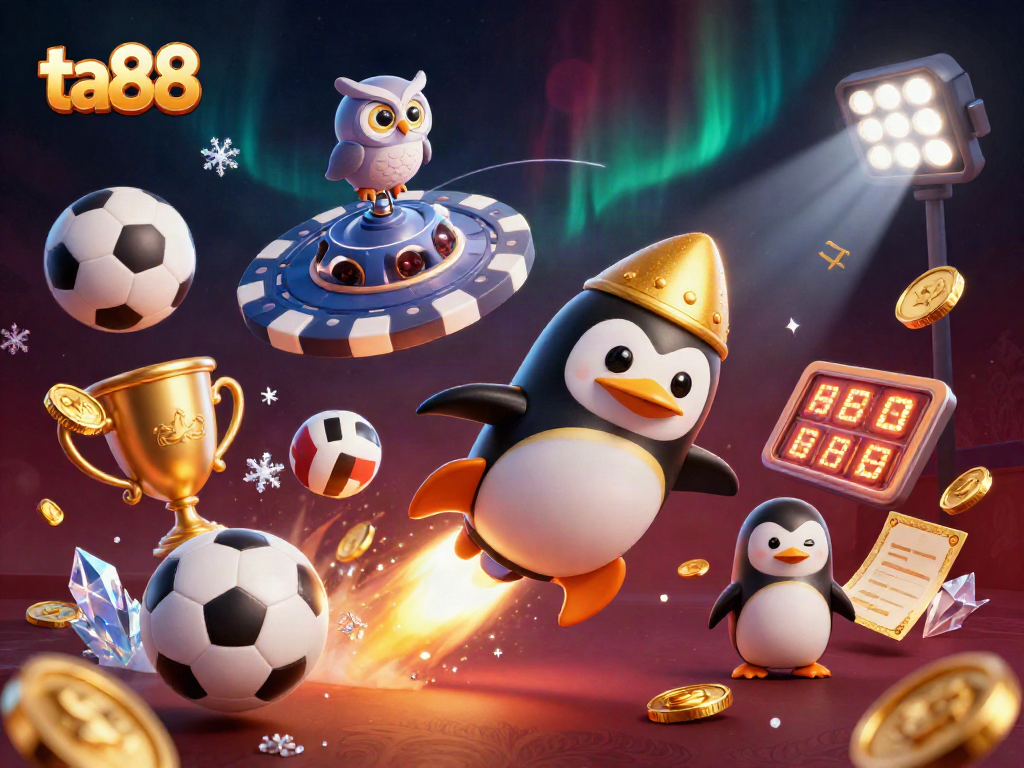 Bet on ta88 with a dynamic scene of a golden penguin and casino elements in space.