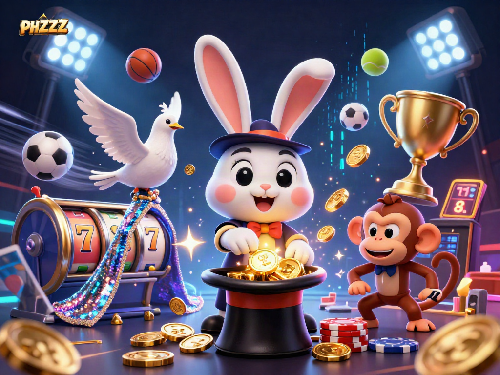Experience thrilling wins at PHZZZ casino with vibrant slot reels, gold coins, and lively characters.