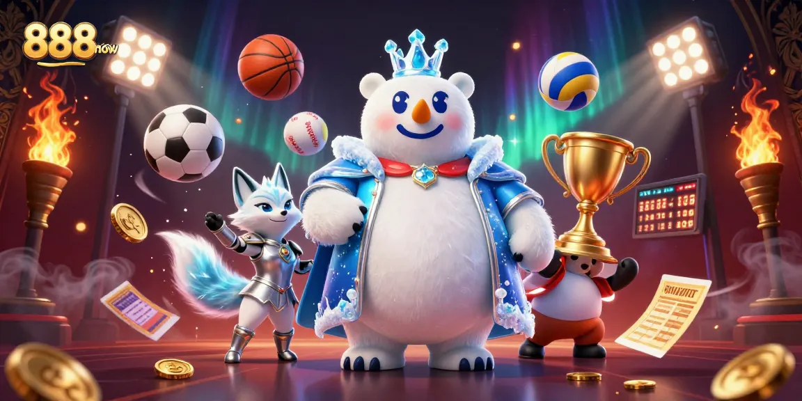 Engage with the thrilling world of 888now, featuring an ice king and companion amidst vibrant sports betting action.