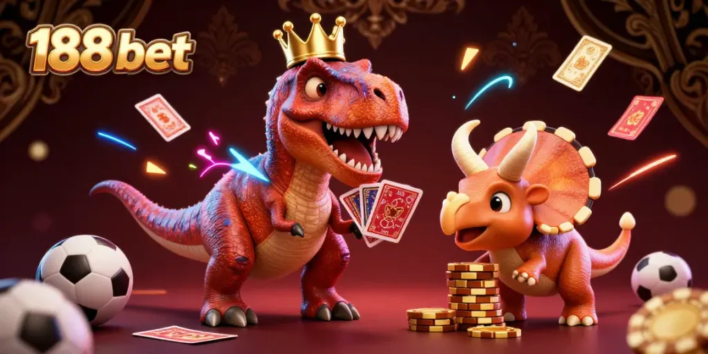 Engage with exciting 188 bet action, featuring T-Rex shuffling cards amid sports betting excitement.
