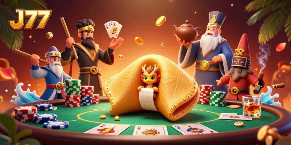 Experience the thrill of J77 with a vibrant 3D scene showcasing fortune cookies and poker elements.
