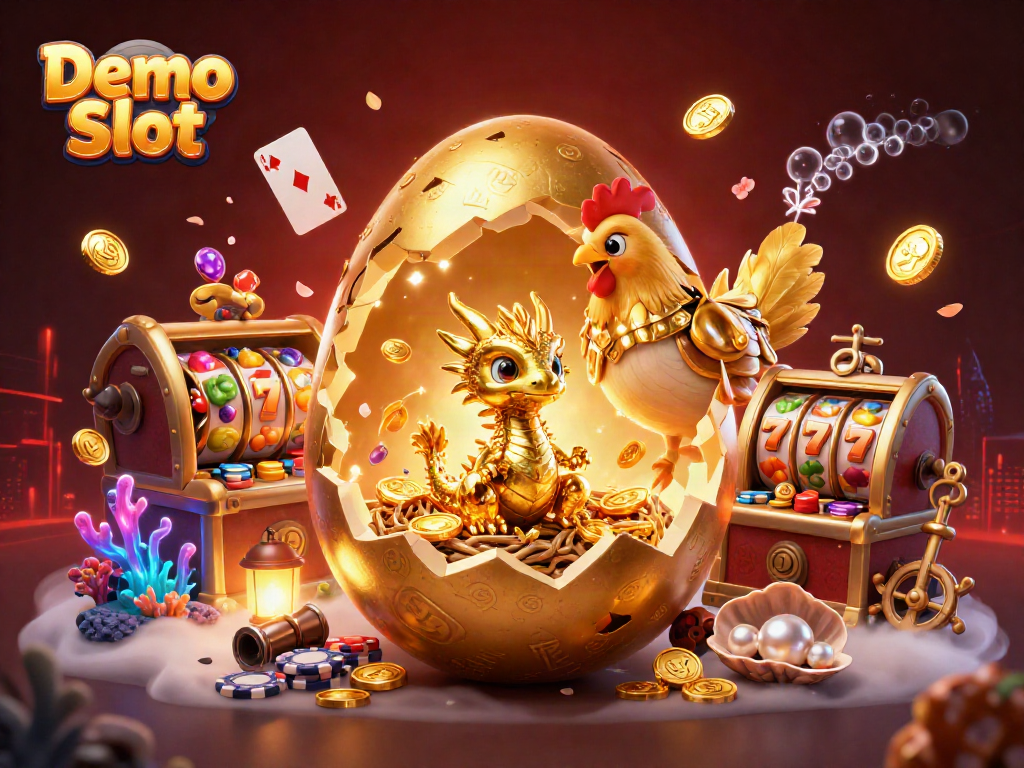 Experience thrilling gameplay with the Demo Slot featuring a golden dragon, poker chips, and vibrant slot elements.