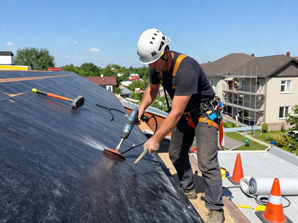 Experienced roofer installing a felt roof with safety gear and tools, showcasing the process of roof improvement.