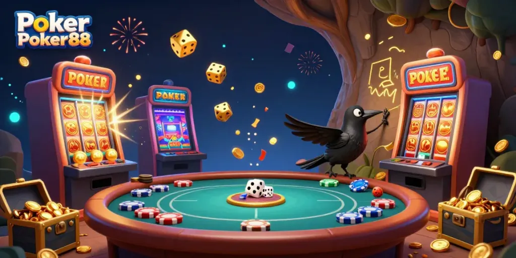 Engage with Poker Online Poker88 through a vibrant 3D illustration of poker gaming, featuring lively characters and elements.