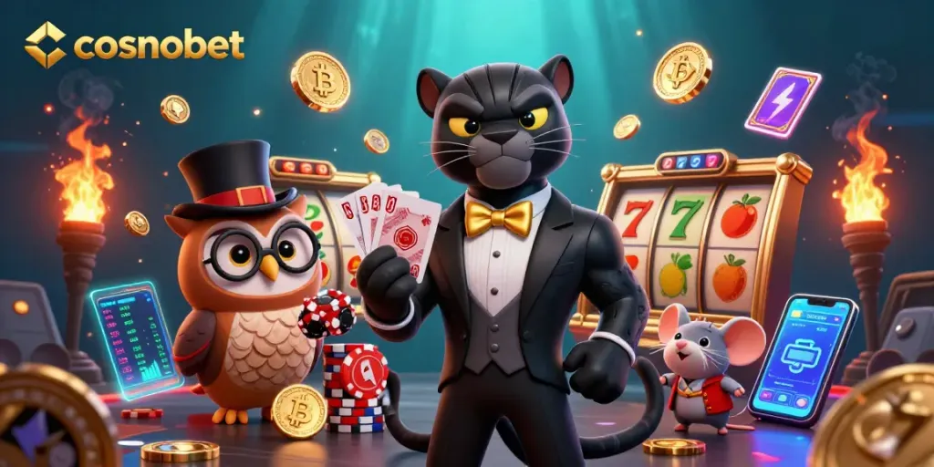 Place bets and win big at Cosmobet, featuring a lively scene with casino elements and charming characters.