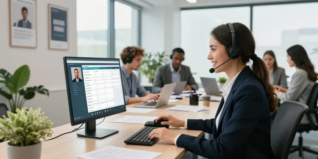 AI receptionist interacting in a modern workspace with a team, showcasing technology integration.