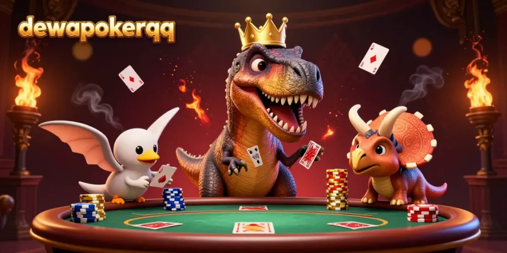 Dewapokerqq scene featuring a cartoon T-Rex shuffling poker cards with help from a pterodactyl and a baby triceratops stacking chips.