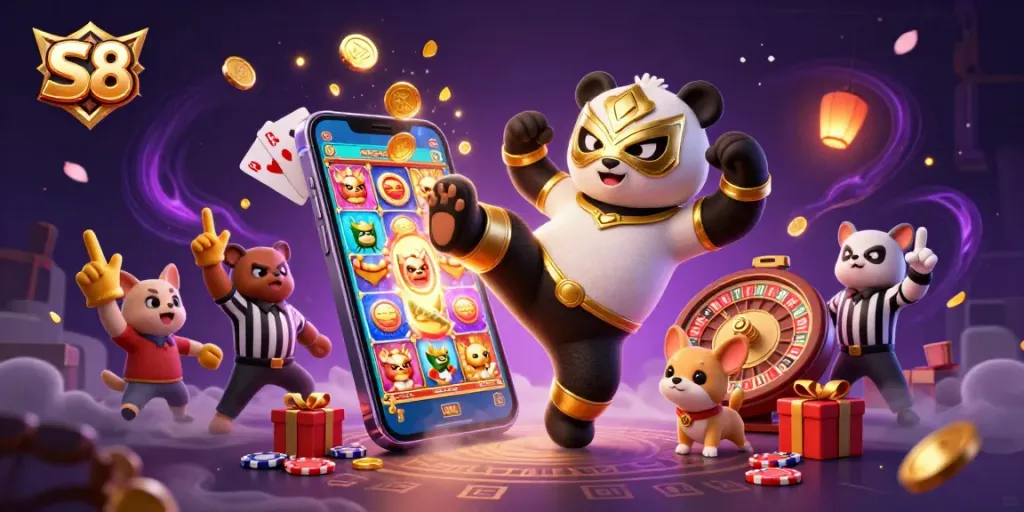 Experience the thrill of S8 casino with a panda wrestler, exciting slots, and cheering animal fans in a vibrant scene.