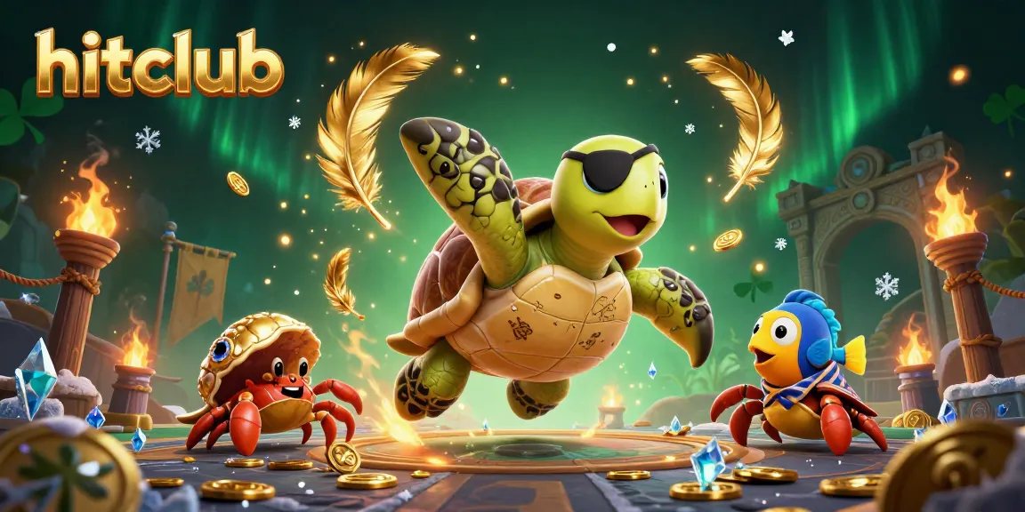 Hitclub players experience thrill with a pirate turtle and friends floating above treasure.