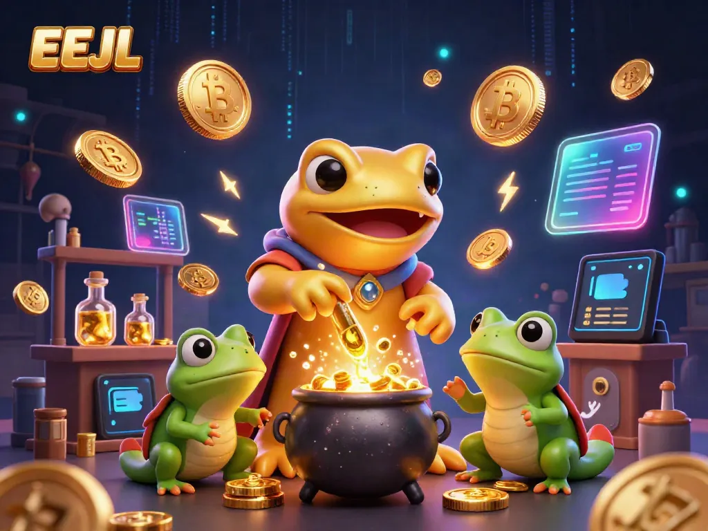 Experience the thrilling world of EEJL with vibrant golden alchemy and crypto elements in action.