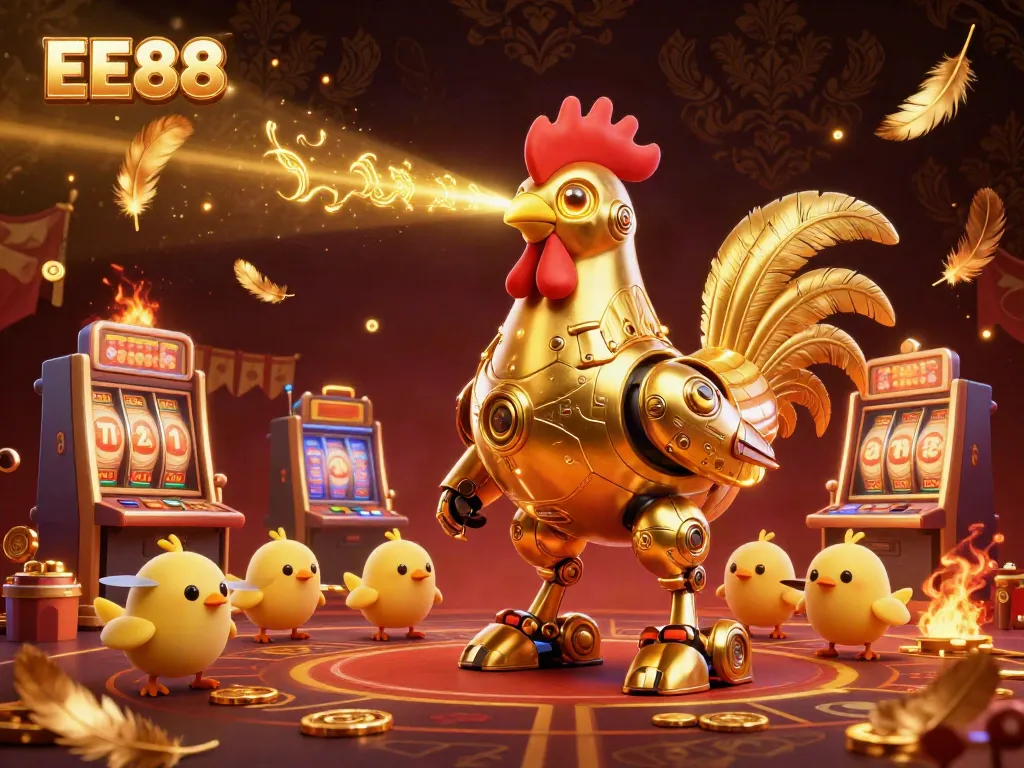 Engage with EE88 casino slots featuring a vibrant golden rooster robot amidst swirling coins.