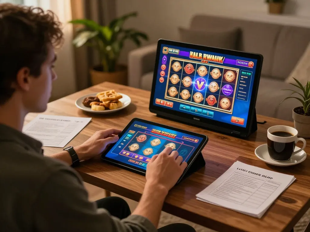 Pucuk138 user enjoying online slots on a tablet in a cozy home setup.