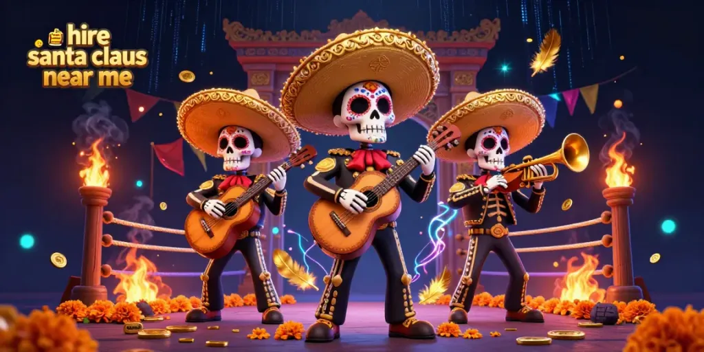 Hire Santa Claus near me in a vibrant gambling festival scene featuring a skeleton mariachi band.