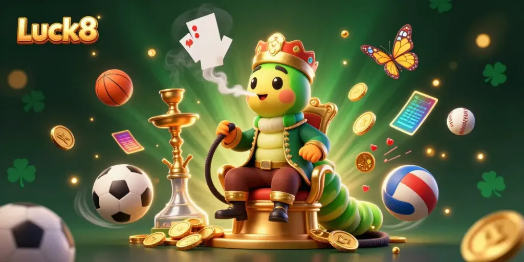 Luck8 enhances your game with a vibrant 3D illustration featuring symbol-filled smoke and dynamic sports elements.