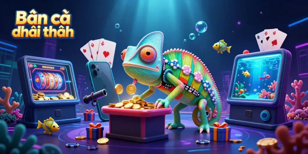 Engage in thrilling Bắn cá đổi thưởng with a vibrant 3D scene featuring a chameleon casino owner and exciting game elements.