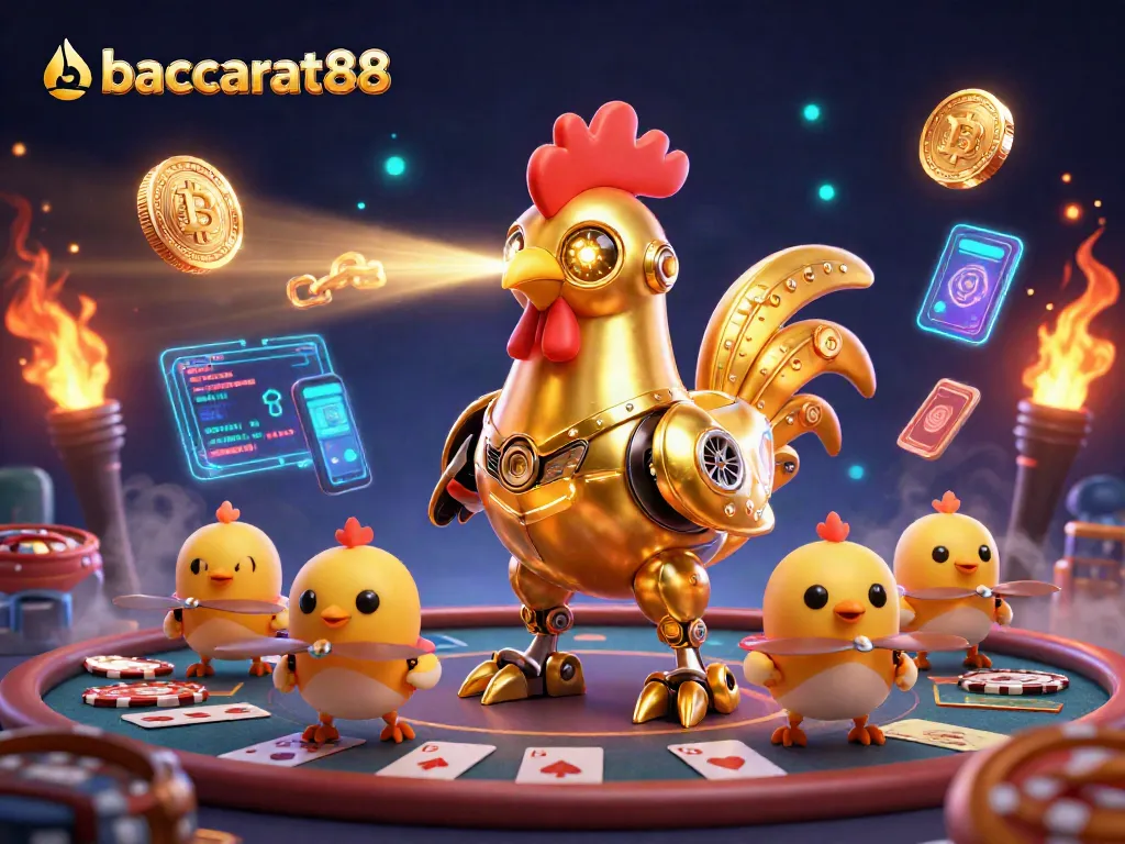 Experience baccarat88's thrilling gameplay with vibrant visuals of a golden rooster robot and casino elements.