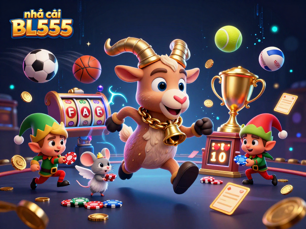 A captivating scene of nhà cái BL555 showcasing a Krampus goat in a festive casino, with playful characters and dynamic sports elements.