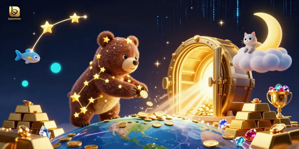 Engage with batamtoto's gaming excitement as a magical constellation bear collects coins in a vibrant casino atmosphere.