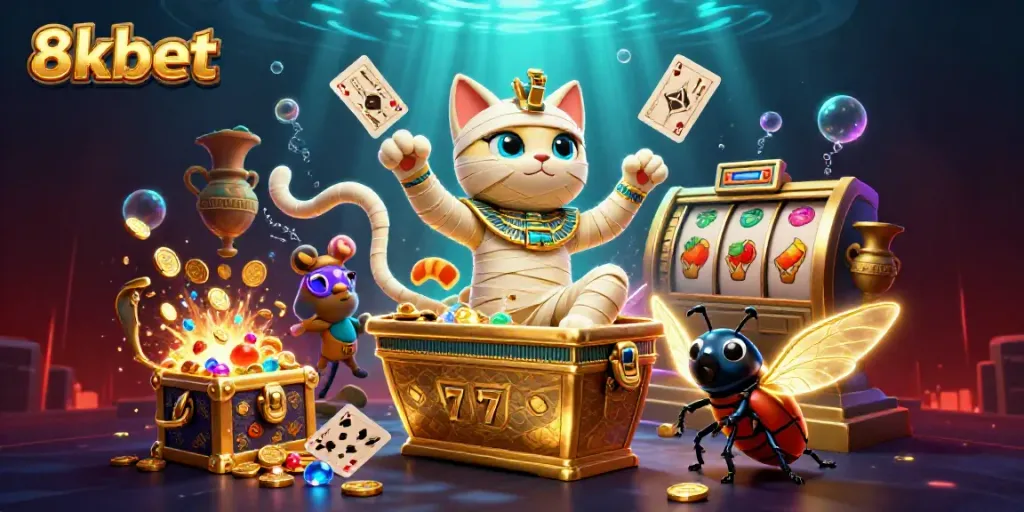 Experience the thrills of 8xbet with a vibrant casino scene featuring a mummy cat, scarab, and floating cards.