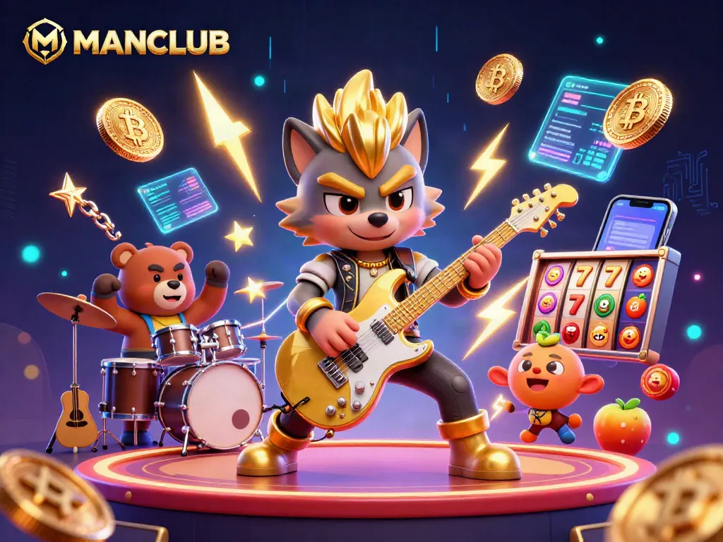MANCLUB showcases a vibrant casino scene with a rock star wolf and drummer bear amid neon elements.